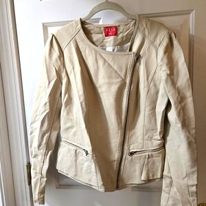 Elle ladies 12 vegan cream leather collarless fully lined moto jacket ruffle hem